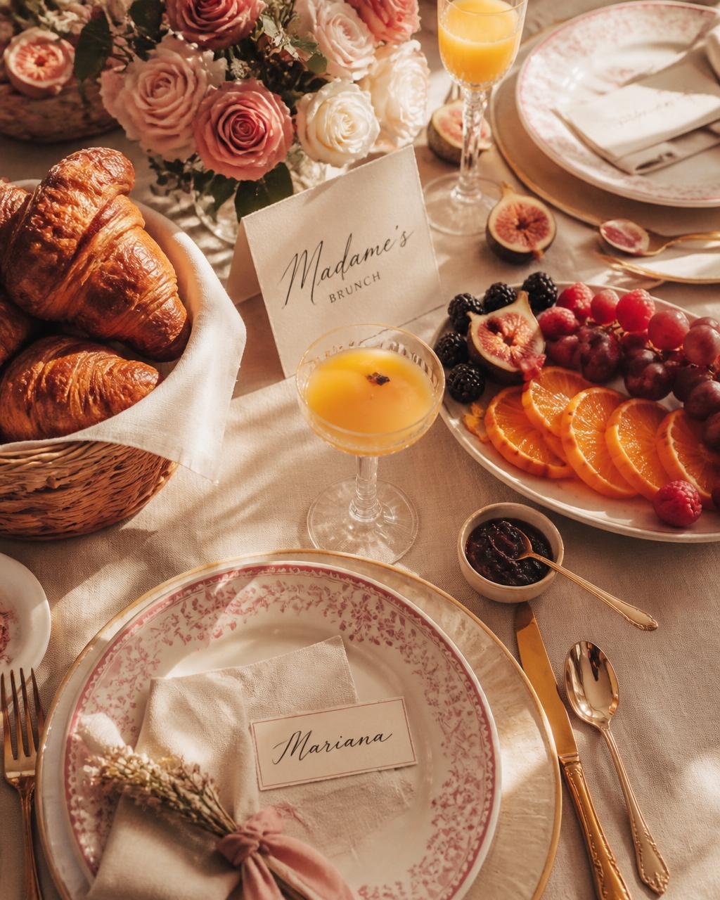 Mesa de brunch posta em luz dourada com croissants, frutas e flores