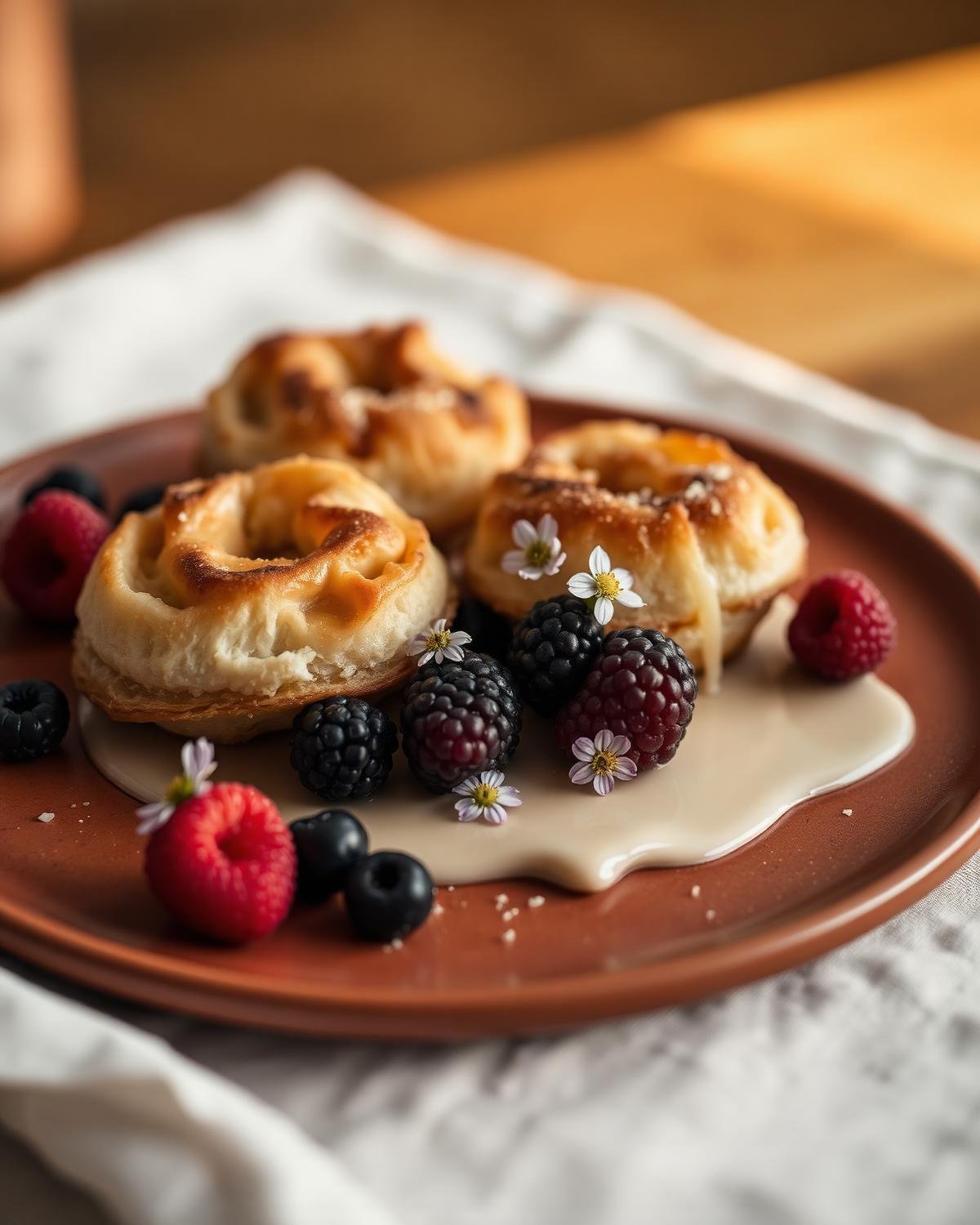 Detalhe de brunch com pastéis, frutas vermelhas e flores comestíveis
